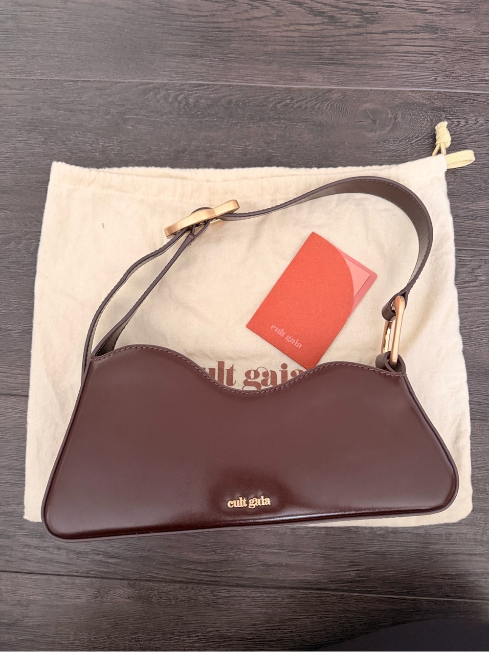 cult gaia espresso sculpted leather shoulder bag with gold hardware